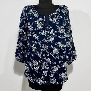 J. Jill Blue‎ Floral Gossamer Peasant Blouse Semi Sheer size XS Excellent Cond.